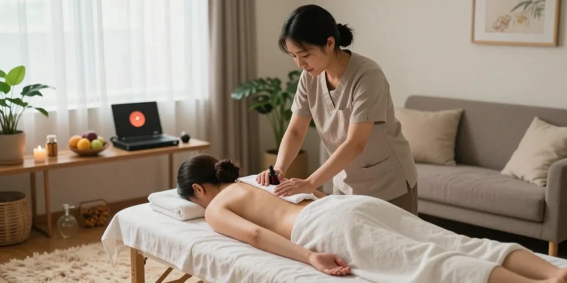 Experience a peaceful 구리출장안마 massage in a cozy living room with calming decor and essential oils.