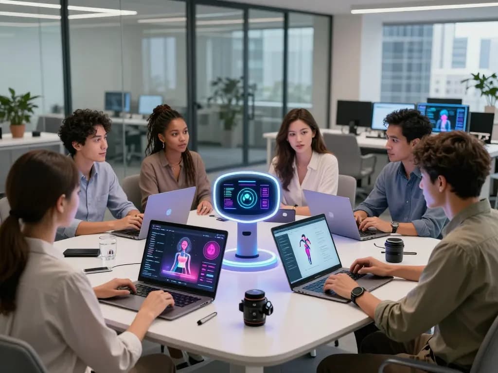 Team collaborates on AI sex technology, exploring innovative digital tools in a modern office.