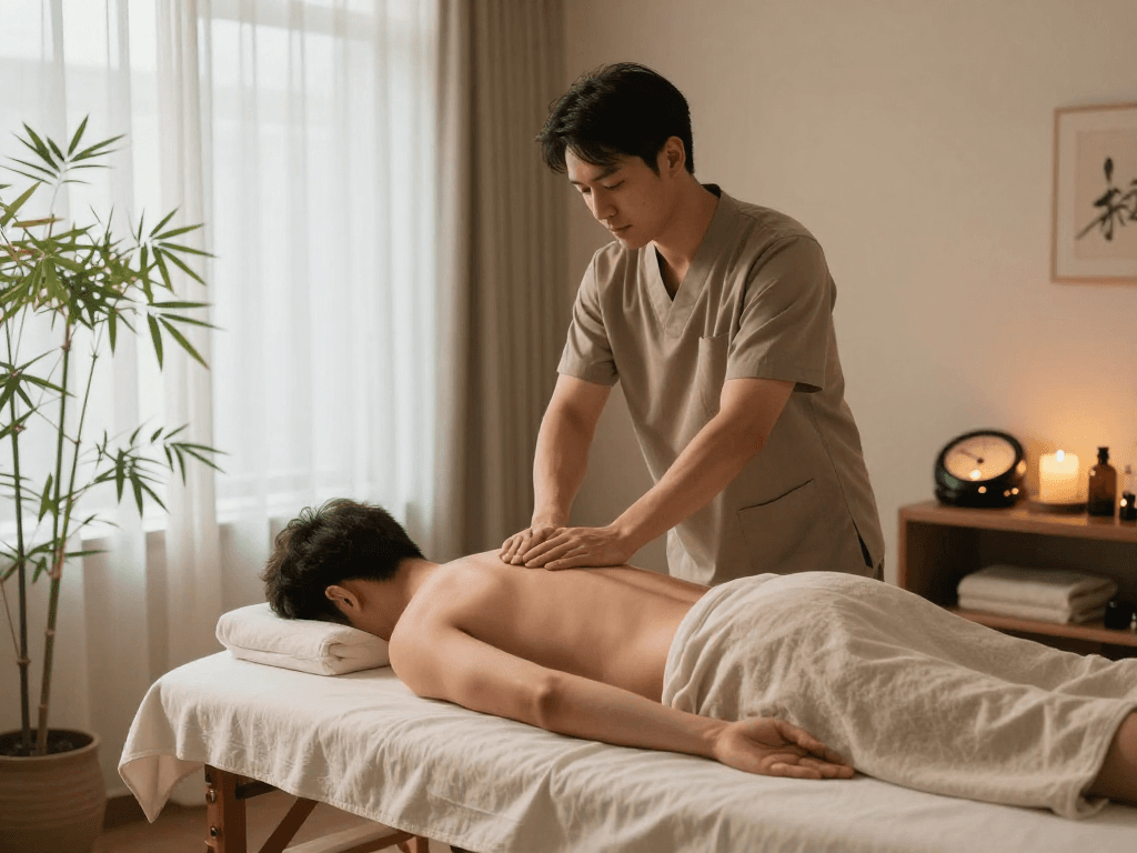 제주마사지 전문 남성 마사지실에서 편안한 마사지 중인 남성과 전문 마사지사 모습