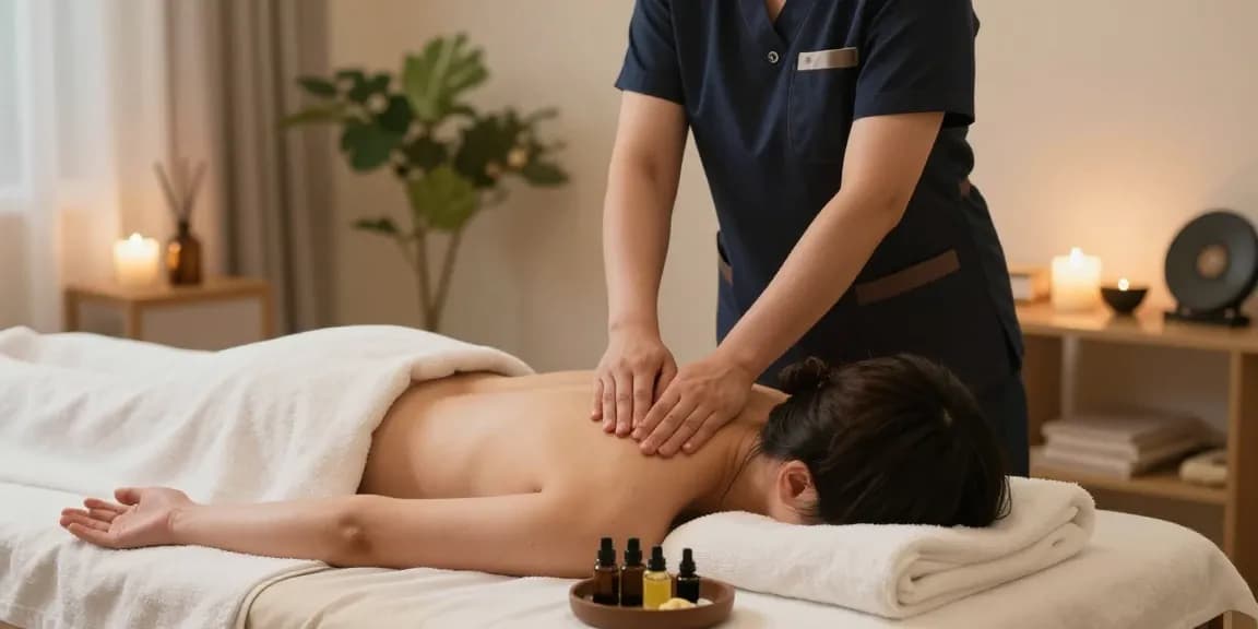 성남출장마사지 중인 한국인 전문 관리사가 고객을 위한 편안한 공간에서 마사지를 제공하는 모습