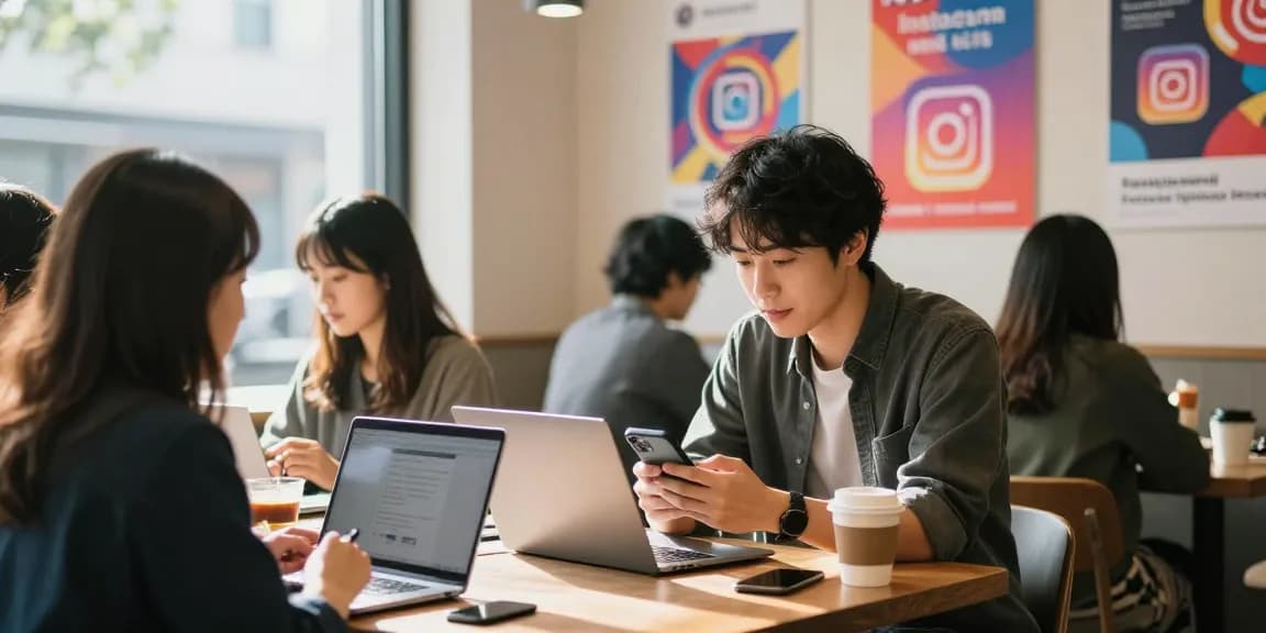 SNS 運用 代行 おすすめのためにカフェでInstagramのフォロワーを増やす戦略を議論する日本人若者のシーン
