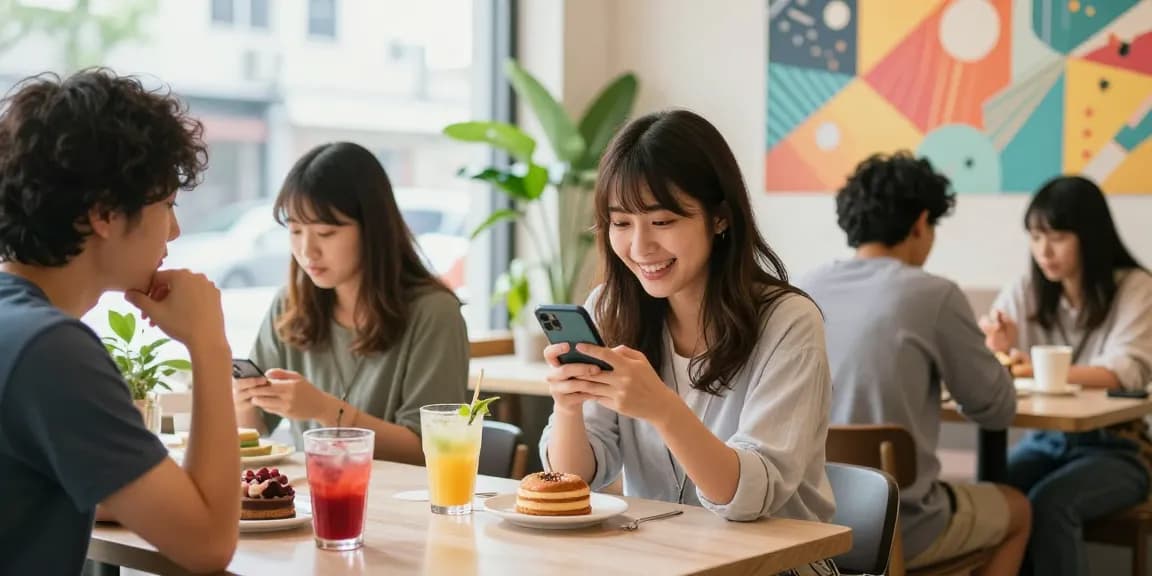 賑やかなカフェでスマートフォンを使用してInstagram 日本人フォロワーの購入を行う若い女性の魅力的な瞬間。現代のソーシャルメディアのやり取りを描写しています。