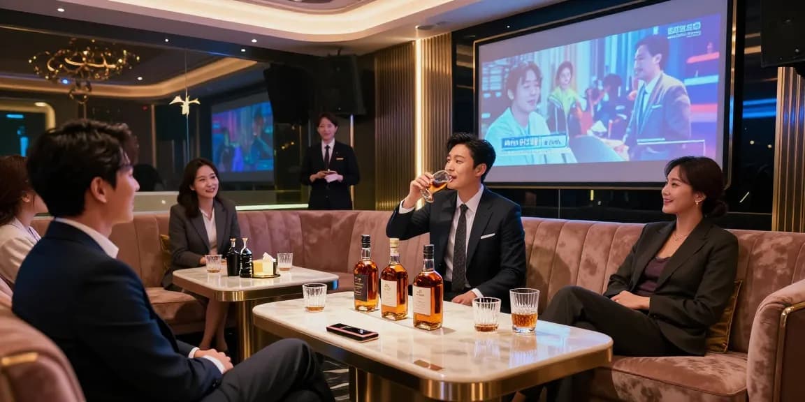 강남쩜오에서 즐거운 저녁을 보내는 비즈니스맨과 고급스러운 분위기의 룸살롱