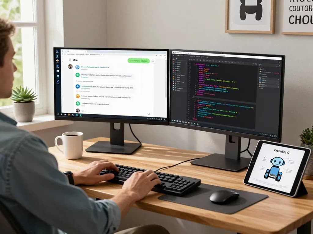 Developer using Clawdbot AI in a modern workspace with dual monitors showcasing messaging integration.