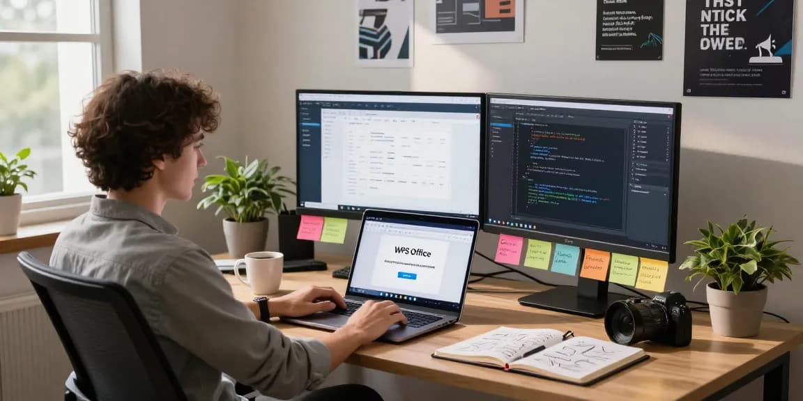 Dynamic workspace showcasing WPS Download process on laptop with developer tools.