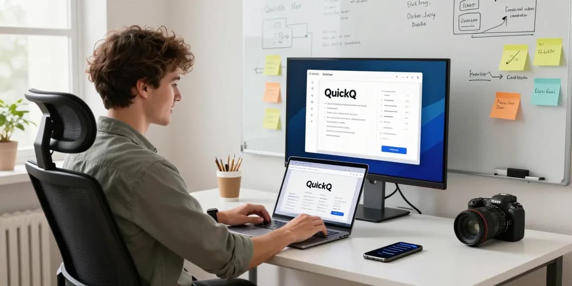 使用quickq电脑版应用程序的年轻专业人士在现代家庭办公室中专注工作，展现出高效的工作环境。