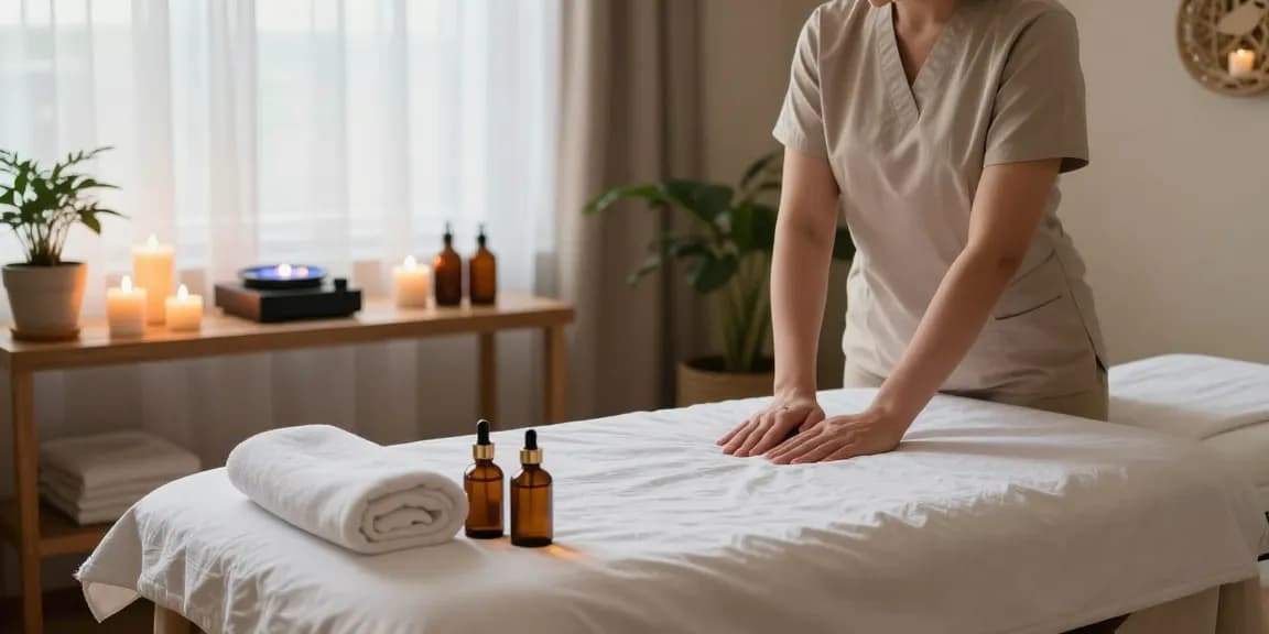 스웨디시 마사지 테이블 위에 고급 마사지 오일과 촉촉한 타올이 준비된 편안한 스파 환경