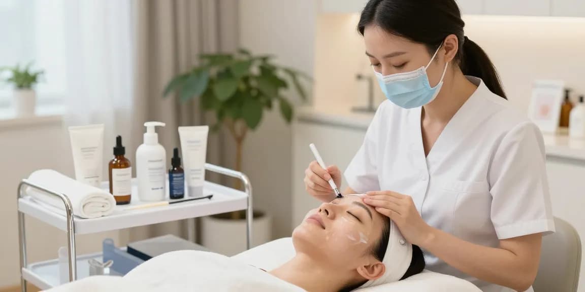 물광필링 시술을 받는 고객과 피부관리 전문가의 모습, 현대적인 클리닉 환경에서 전문적인 피부 관리가 진행되고 있음
