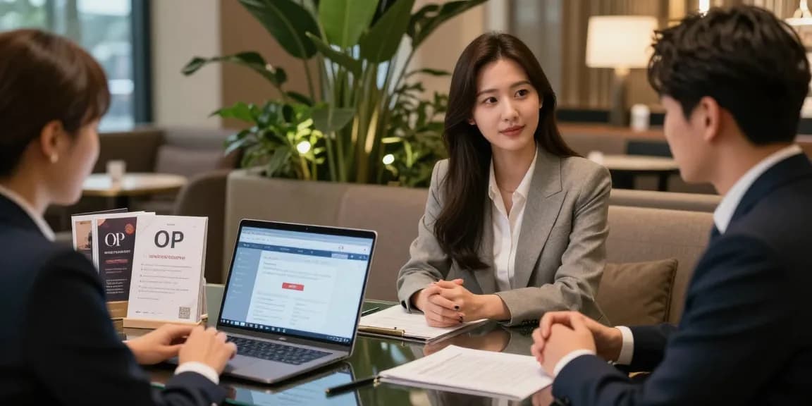 한국오피 consultation scene featuring a professional advisor and client in an upscale lounge
