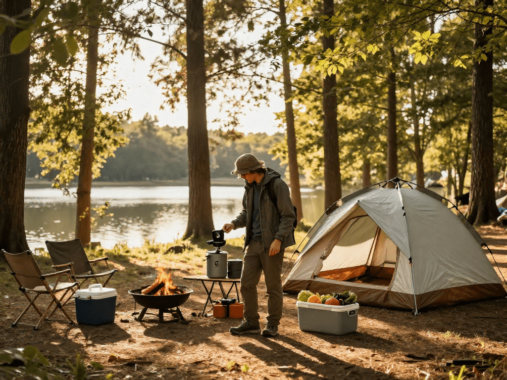 Person with rokok88 gear preparing camping essentials at a scenic forest campsite.