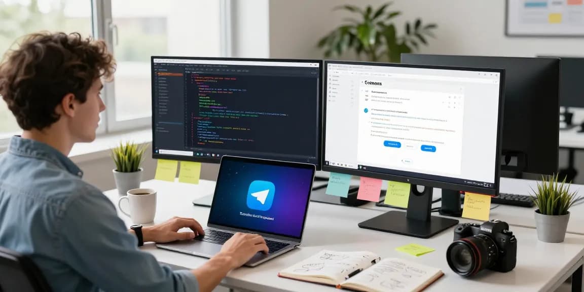 Download Telegram on multiple devices in a modern workspace showcasing coding and communication tools.