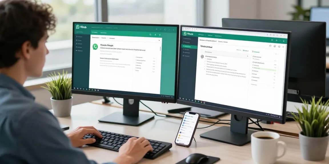 Engaging with WhatsApp網頁版 at a modern office workspace showcasing productivity and connectivity.