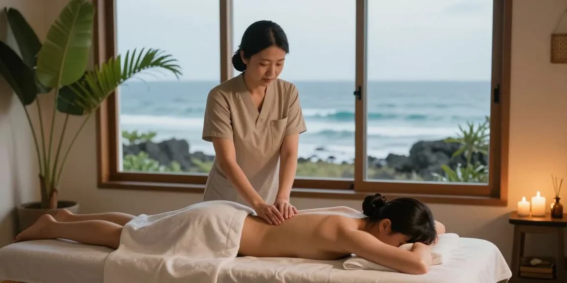제주마사지로 힐링하는 고객과 아로마 테라피, 해변의 편안한 스파 이미지
