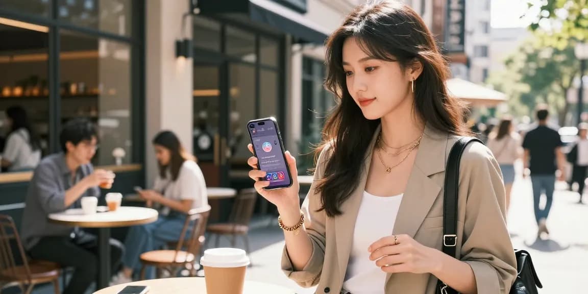 インスタグラムフォロワー購入をチェックしているインフルエンサーがカフェ前でスマートフォンを持つシーン