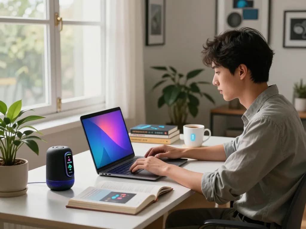 Smart tech gadgets displayed in a modern home office showcasing Bluetooth speaker and fitness tracker.