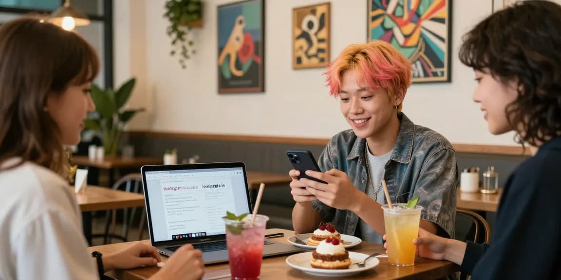 トレンディなカフェで、Instagramで日本人フォロワー購入サービスをプロモーションしながらフォロワーと交流する若いインフルエンサーの魅力的なシーン。