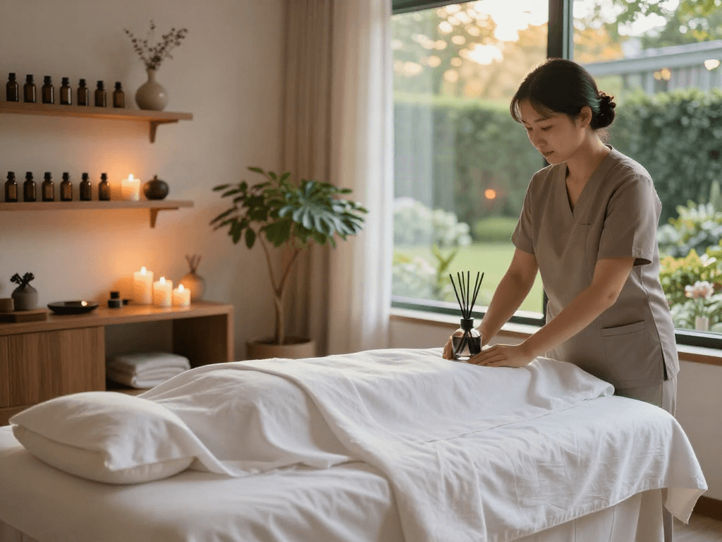 Calm spa environment prepared for 강동구출장마사지 therapy, featuring soothing candles and essential oils.