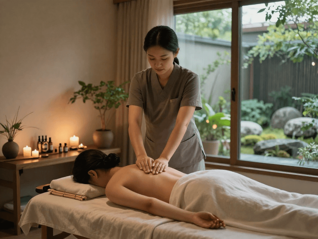 Relaxing 용인출장마사지 session in tranquil spa with candles and soothing atmosphere.
