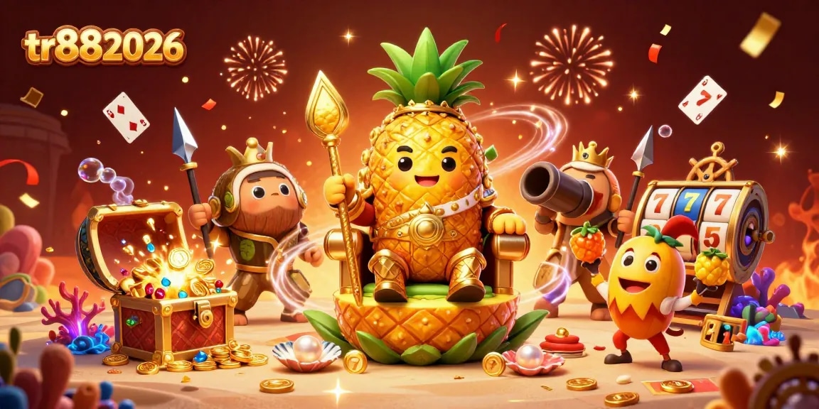 Experience thrilling gameplay with tr882026's golden pineapple king and vibrant casino characters.