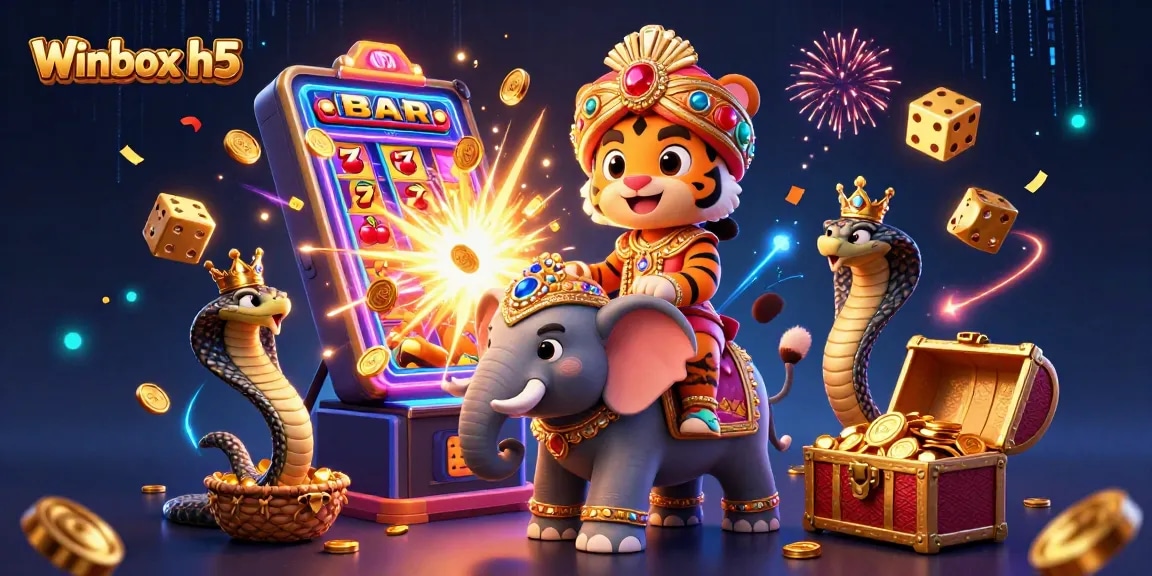 Experience the thrill of Winbox h5 with a vibrant 3D casino illustration showcasing a majestic maharaja tiger and exciting game elements.
