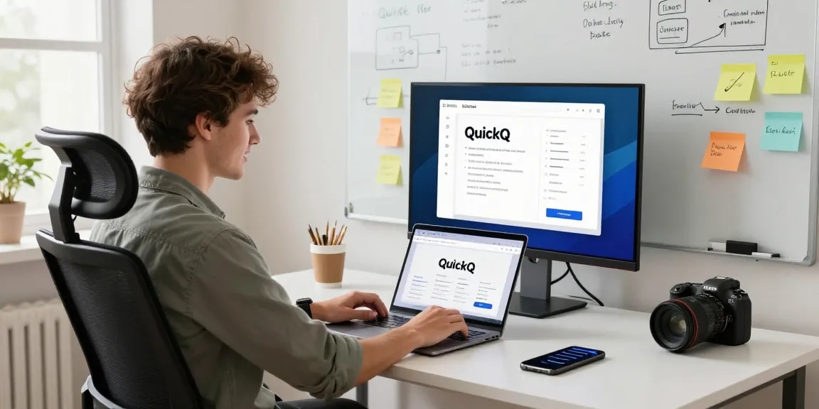 使用quickq电脑版应用程序的年轻专业人士在现代家庭办公室中专注工作，展现出高效的工作环境。