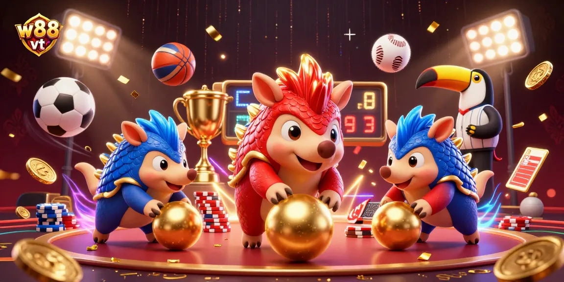 Các pangolins trong bộ giáp lăn bóng vàng tại w88 vt, tạo không khí sôi nổi với bóng thể thao và chip poker.