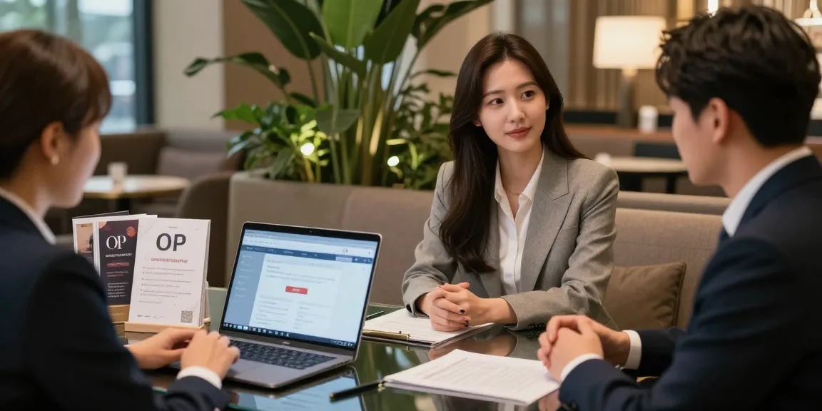 한국오피 consultation scene featuring a professional advisor and client in an upscale lounge
