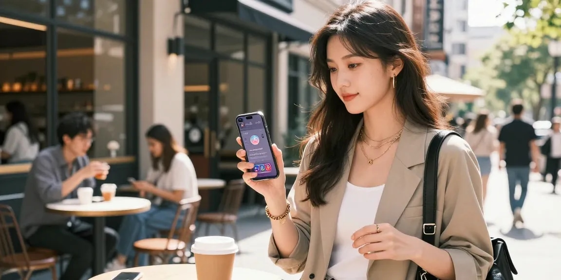 インスタグラムフォロワー購入をチェックしているインフルエンサーがカフェ前でスマートフォンを持つシーン