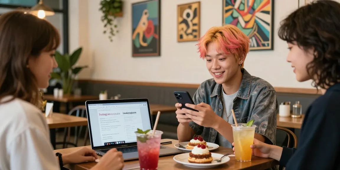 トレンディなカフェで、Instagramで日本人フォロワー購入サービスをプロモーションしながらフォロワーと交流する若いインフルエンサーの魅力的なシーン。