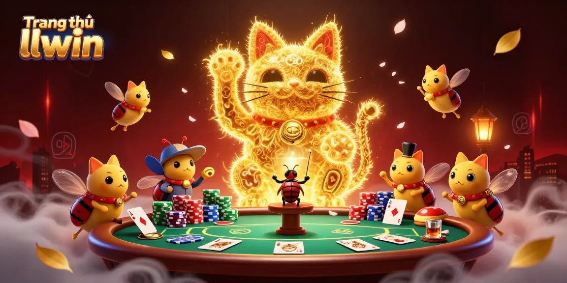 Experience fortune at Trang chủ llwin with a vibrant giant lucky cat and dynamic poker scene surrounding it.