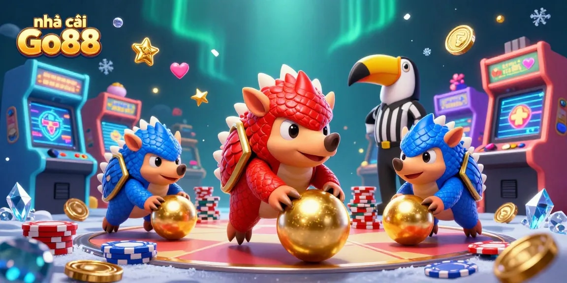 nhà cái Go88 showcases rival pangolins playing a casino game with animated poker chips.