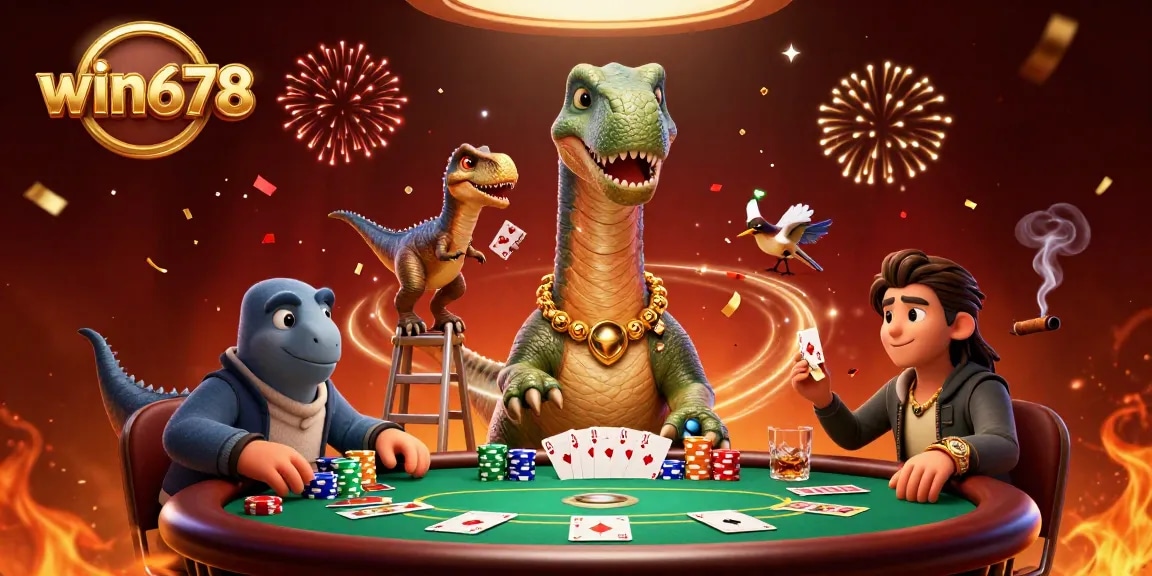 Engage in thrilling gameplay at win678 with a vibrant 3D casino scene featuring a brontosaurus and clever raptor.