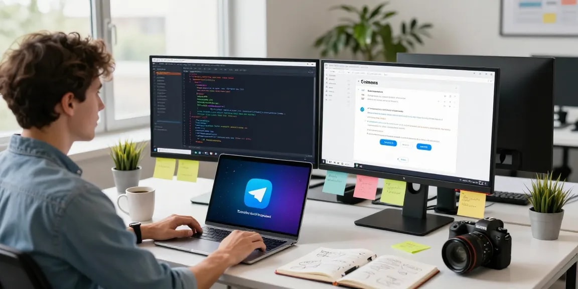 Download Telegram on multiple devices in a modern workspace showcasing coding and communication tools.