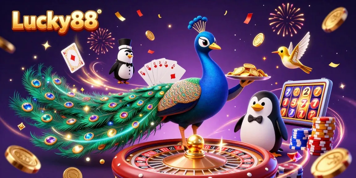 Experience Lucky88 with a vibrant scene of a peacock, a butler penguin, and a hummingbird amidst dynamic casino elements.