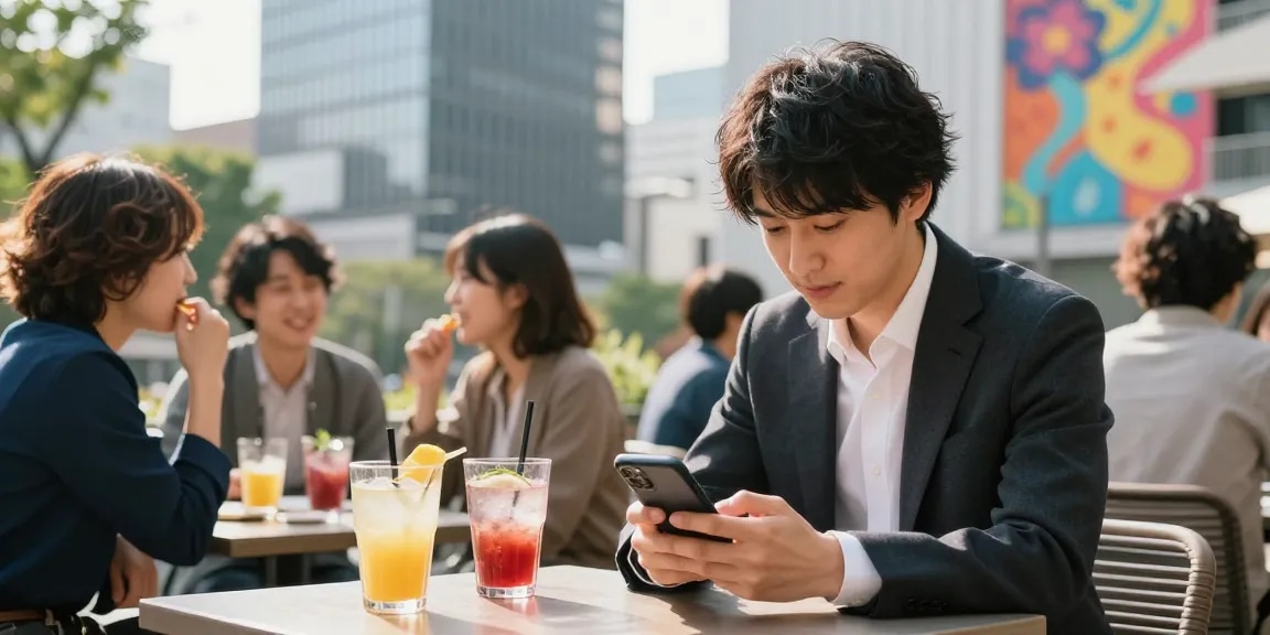 友人と市内のカフェでInstagram 日本人フォロワー 購入に関与する若いプロフェッショナル。