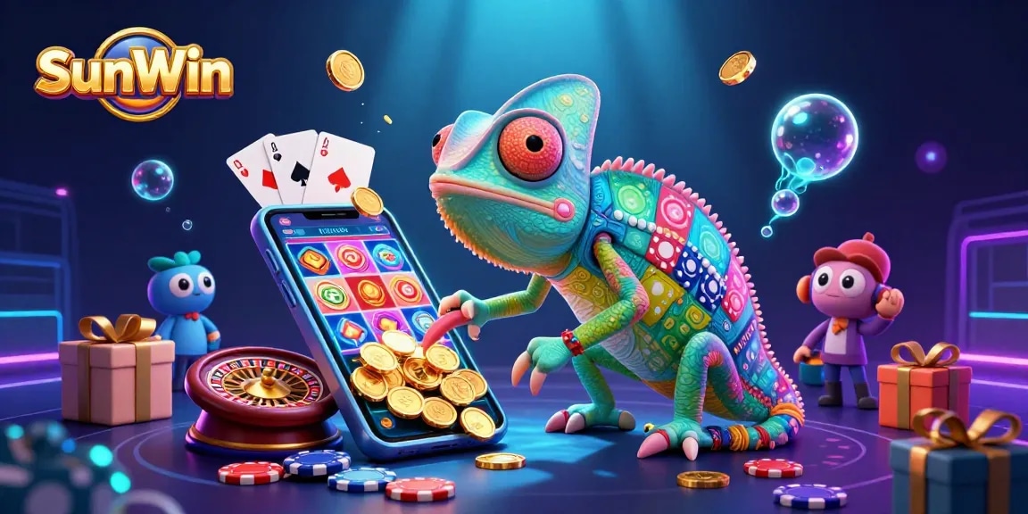 Experience thrilling gameplay at SunWin with vibrant casino elements and a dynamic chameleon mascot.