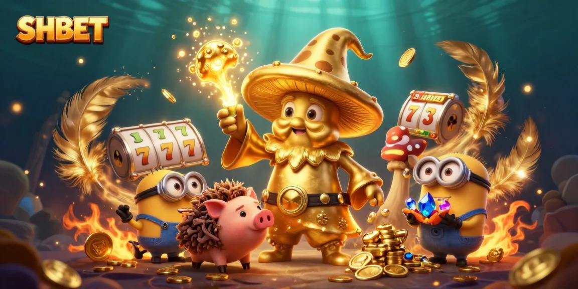 SHBET unleashes a golden jackpot adventure with a magical wizard, treasure, and rich casino symbols.