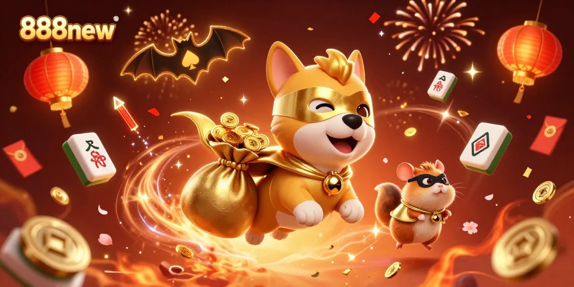 Playing with luck at 888new, a vibrant scene with a superhero dog and his hamster sidekick bringing joyous wins.