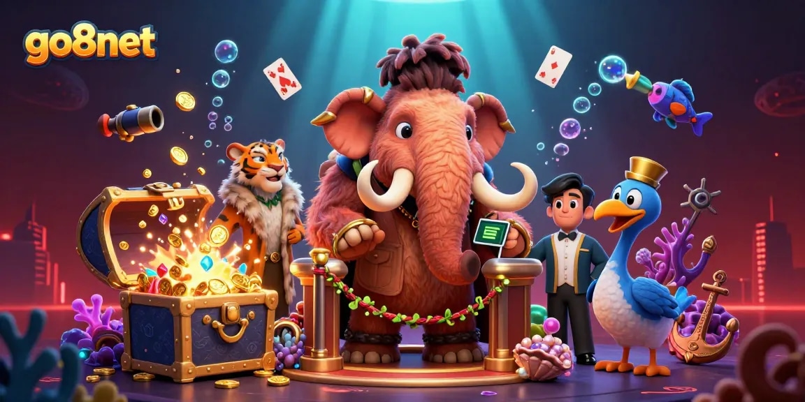 Experience thrilling gaming with go8net as a woolly mammoth bouncer checks IDs at a vibrant casino scene.