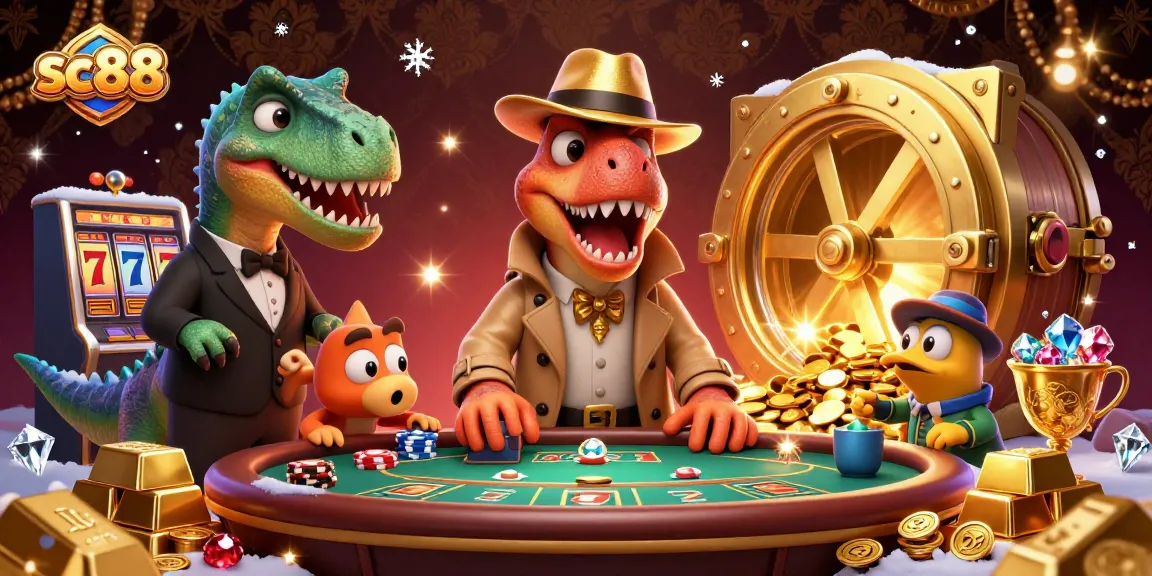 Experience thrilling gameplay at sc88 with a velociraptor card counter and treasure-filled casino scene.