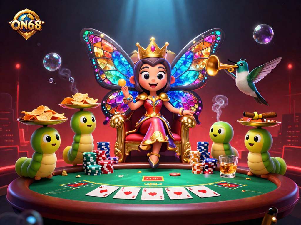 Experience thrilling casino action with ON68's vibrant 3D illustration featuring poker elements and dynamic characters.