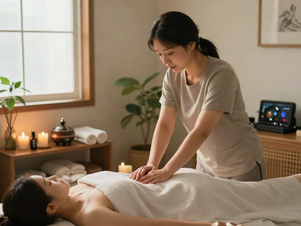 Relaxing massage therapy during 영등포출장안마 in a peaceful home setting with warm lighting and soothing elements.