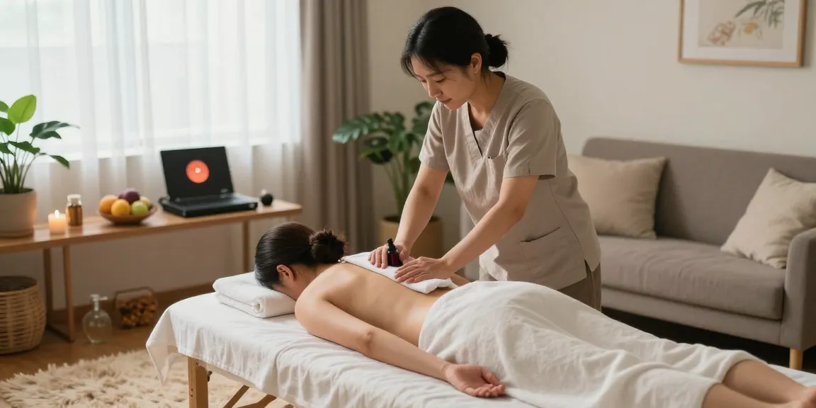 Experience a peaceful 구리출장안마 massage in a cozy living room with calming decor and essential oils.