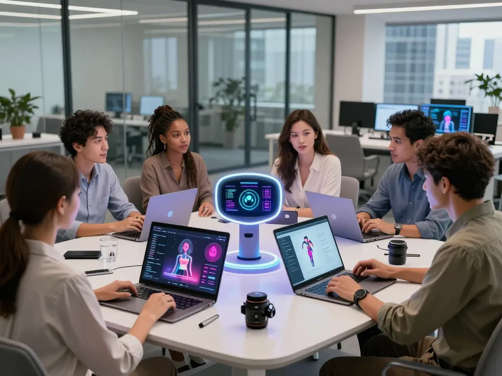 Team collaborates on AI sex technology, exploring innovative digital tools in a modern office.