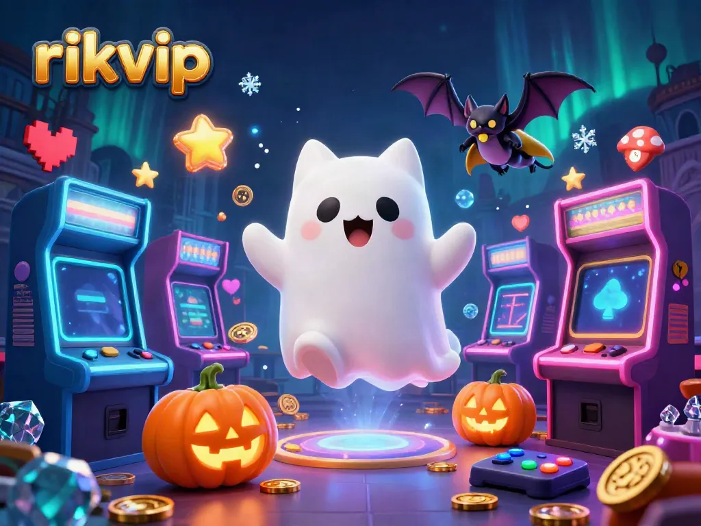Experience the thrill of rikvip with a ghost cat and bat in a vibrant casino scene.