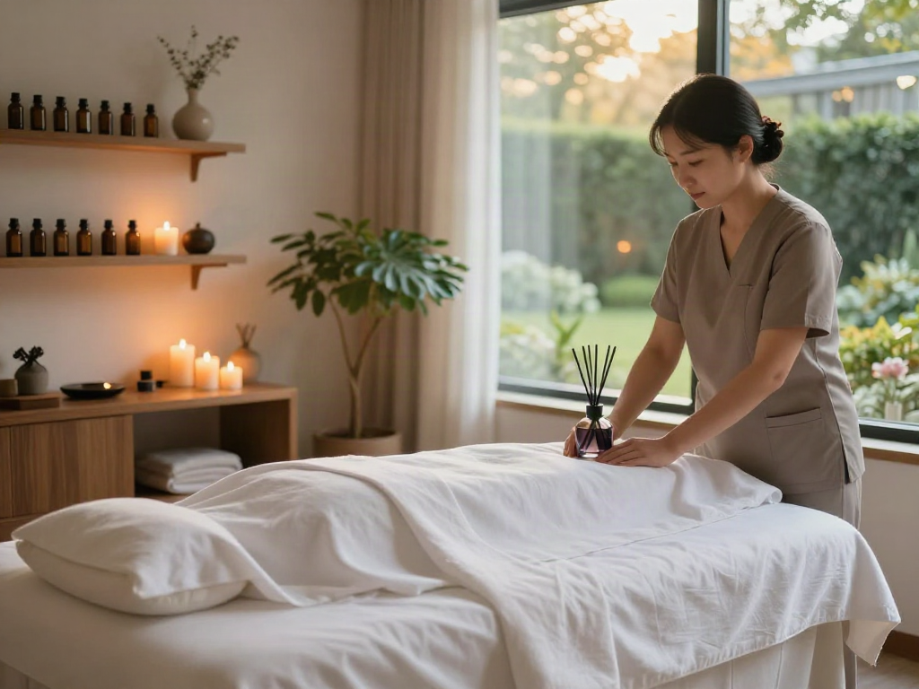 Calm spa environment prepared for 강동구출장마사지 therapy, featuring soothing candles and essential oils.