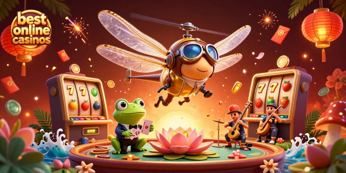 Engage with the best online casinos in a vibrant, dynamic 3D casino scene featuring unique characters and symbols.