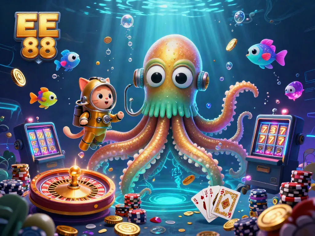 Engage with the vibrant EE 88 casino experience featuring a kraken, diving cat, and underwater treasures.