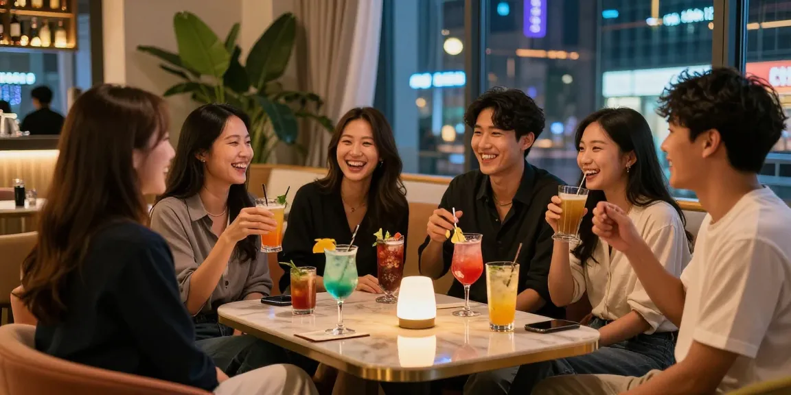 퀸알바를 위한 강남의 세련된 라운지에서 친구들과 함께 즐거운 밤을 보내는 모습