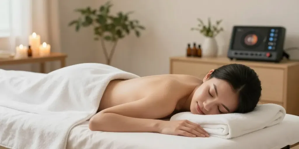 시흥출장안마 마사지 받는 여성과 아늑한 홈 스파 환경